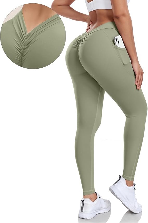 V Back Scrunch Butt Leggings for Women | Butt Lifting High Waist Yoga Pants with Pockets