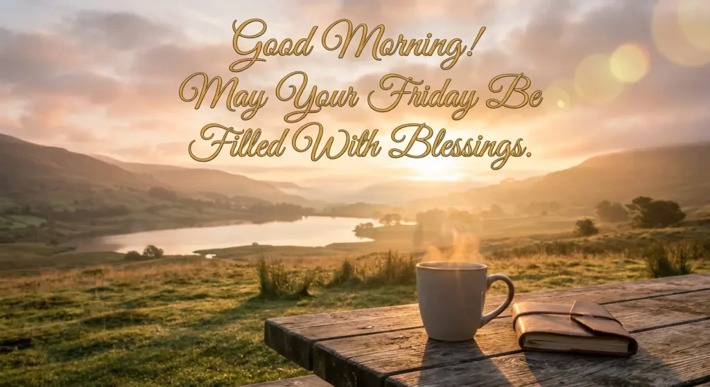 Good morning Friday blessings image with sunrise, coffee cup, and inspirational quote for social media sharing