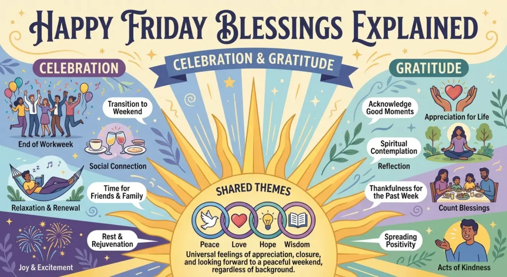 Happy Friday blessings explained infographic showing celebration, gratitude, joy and faith elements