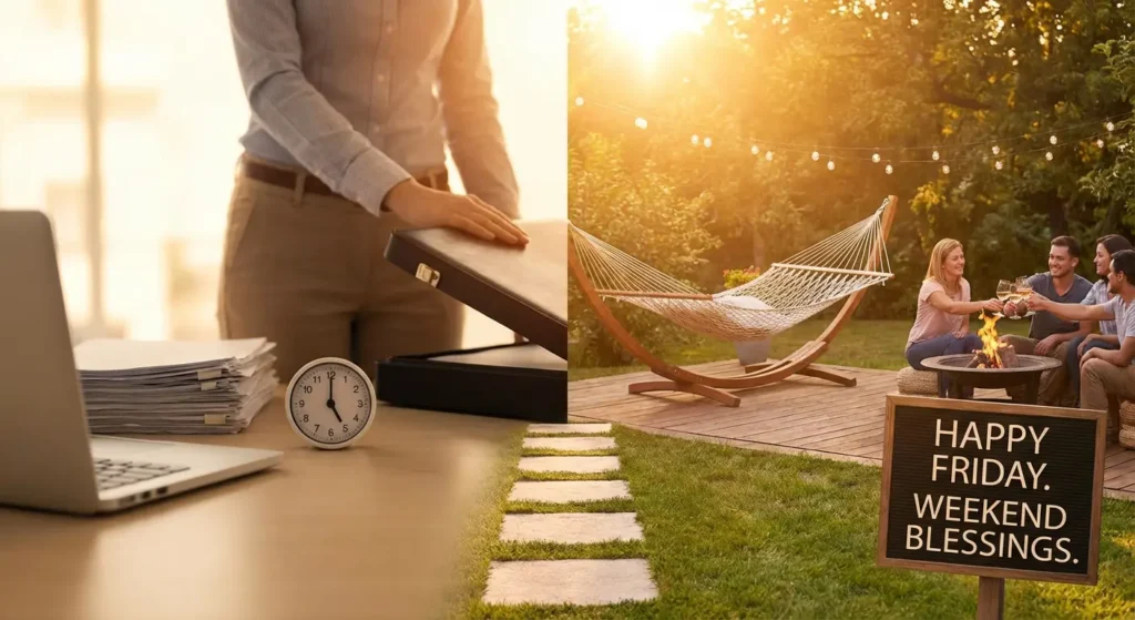 Happy Friday weekend blessings image showing transition from work to rest for weekend celebration