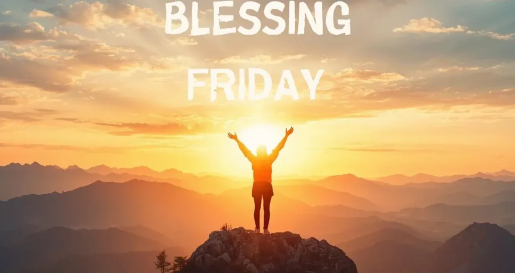 Positive spiritual Friday blessings image with person on mountain celebrating joy and faith for motivation