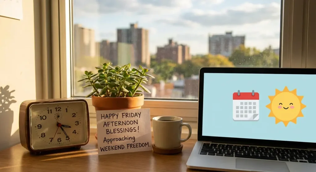 Happy Friday afternoon blessings image with office desk and clock showing approaching weekend freedom