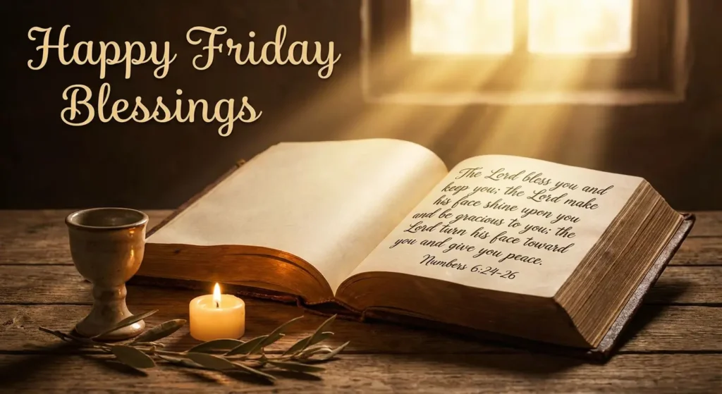 Happy Friday blessings Bible verse image with open Scripture, divine light and worship elements for Christian sharing