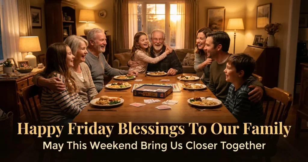 Happy Friday blessings for family image showing multi-generational family celebrating weekend together at home