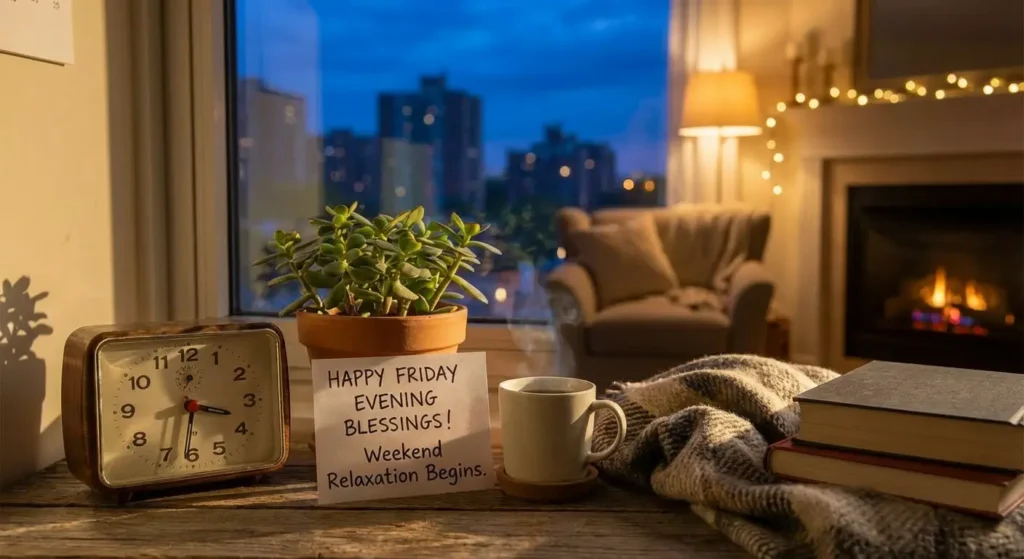 Happy Friday evening blessings image with cozy home interior, warm lighting and weekend relaxation atmosphere